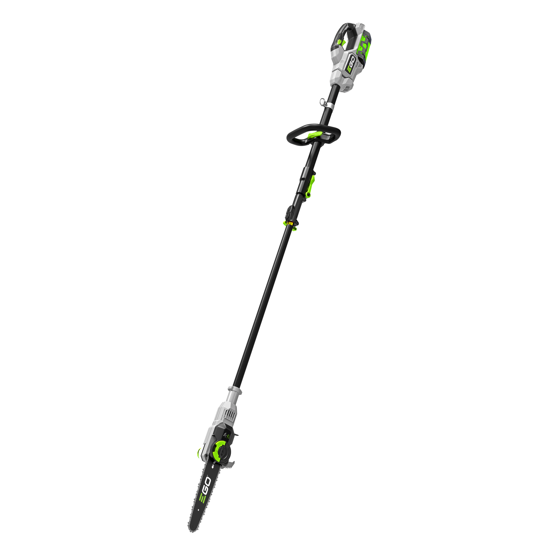 Green and black telescopic pole saw with battery and charger for tools and home improvement use