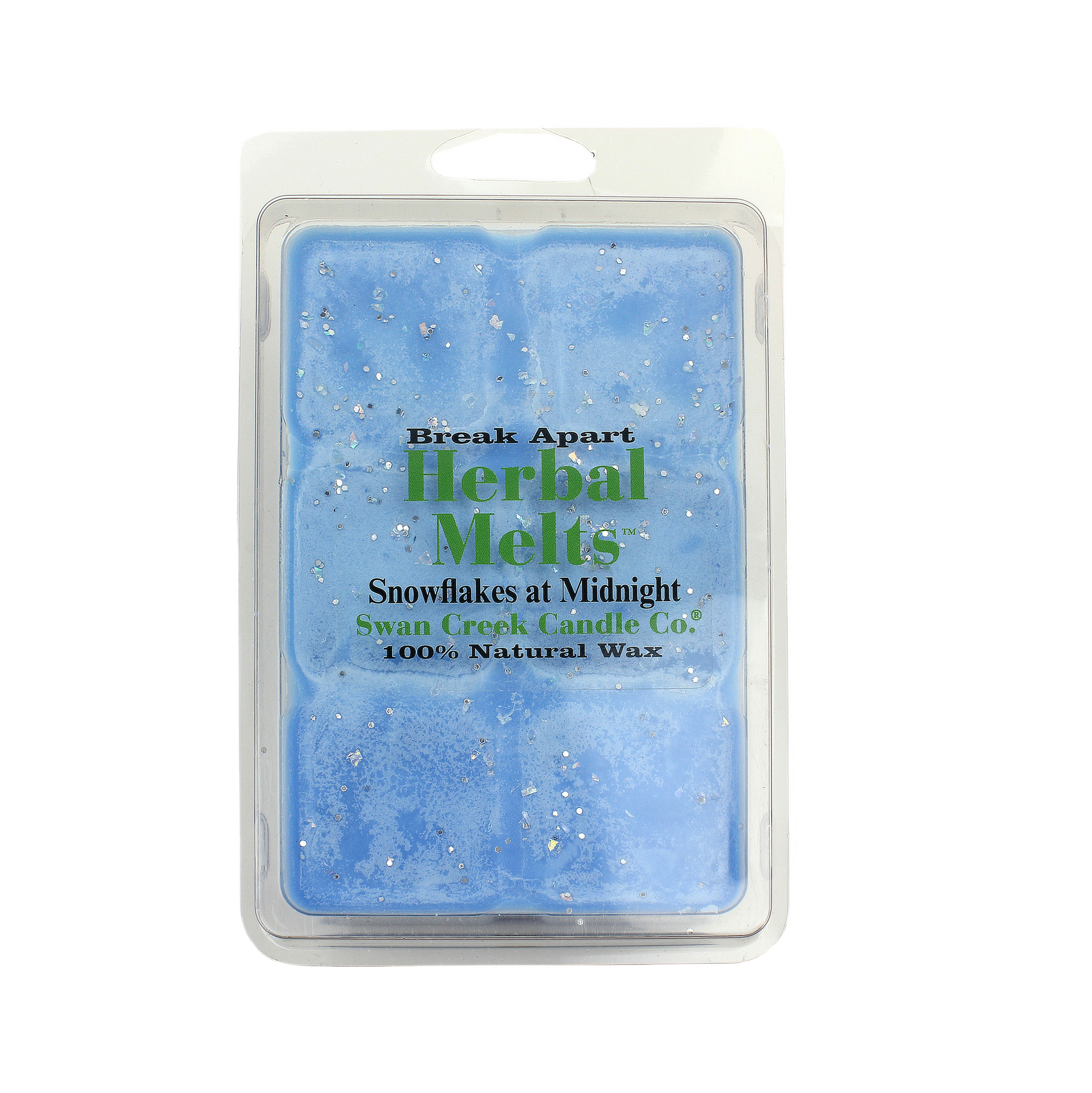 Blue wax melt pack with silver glitter accents for a festive home fragrance experience from Swan Creek Candle Co.