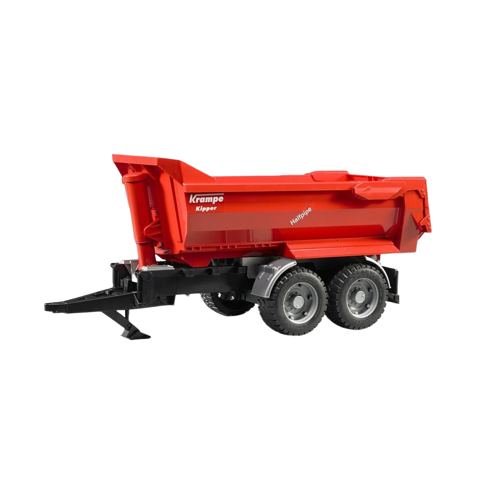 Red tandem axle halfpipe tipping trailer with black chassis and detailed wheels for model or toy use