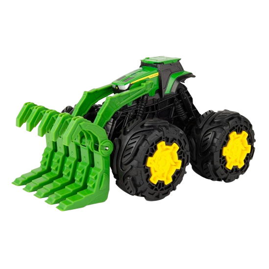 Green and black toy tractor with yellow wheels and movable front grapple loader for children’s playtime fun under $50