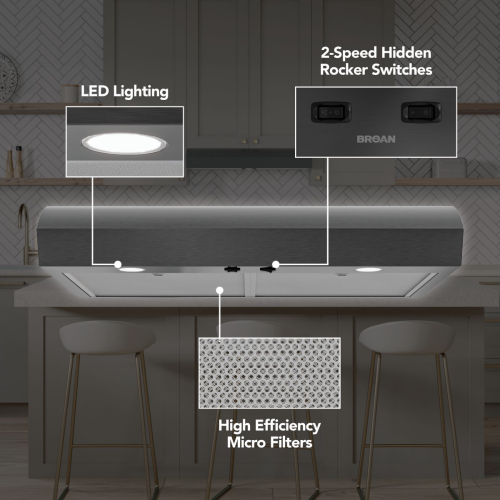 Under cabinet range hood with LED lighting, 2-speed rocker switches, and high efficiency micro filters from Over the Range Hoods