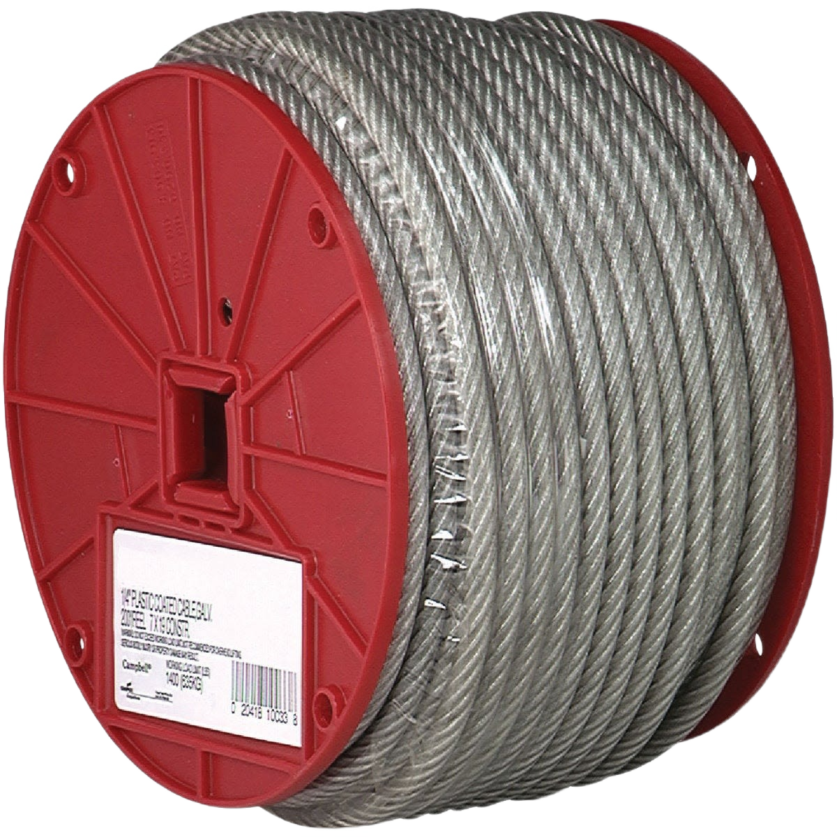 Heavy-duty vinyl coated steel cable neatly wound on a red spool for tools and home improvement projects