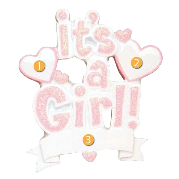 Pink glitter "It's a Girl!" ornament with hearts and blank banner for personalized Christmas tree decoration under $50