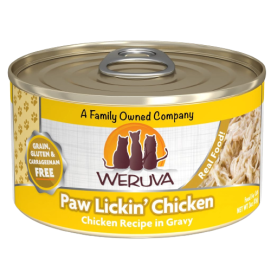 Can of Weruva Paw Lickin Chicken cat food with yellow label and chicken recipe in gravy for pet nutrition