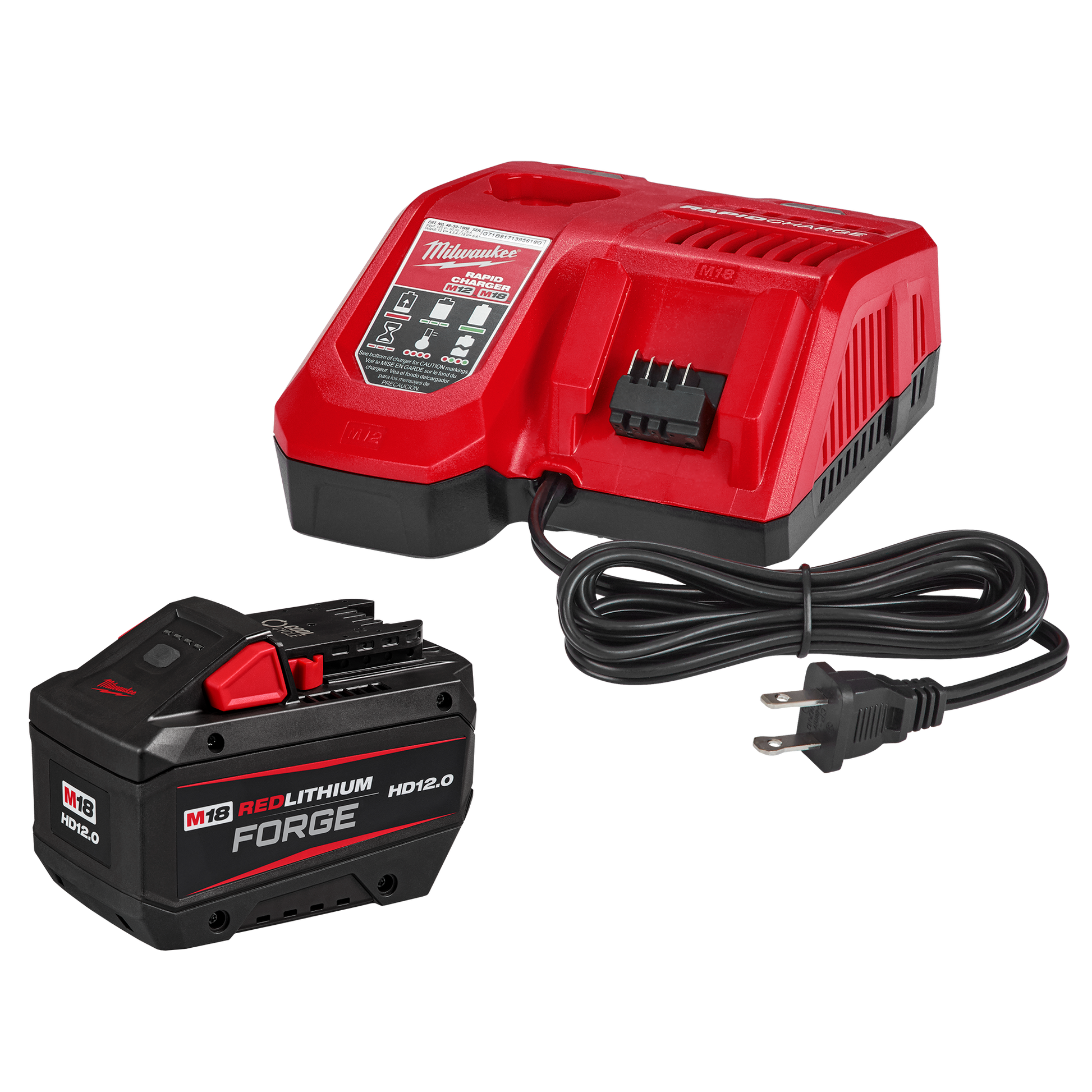 Red and black Milwaukee M18™ REDLITHIUM™ FORGE™ battery and matching charger with power cord, part of power tool batteries and chargers at Hartville Hardware.
