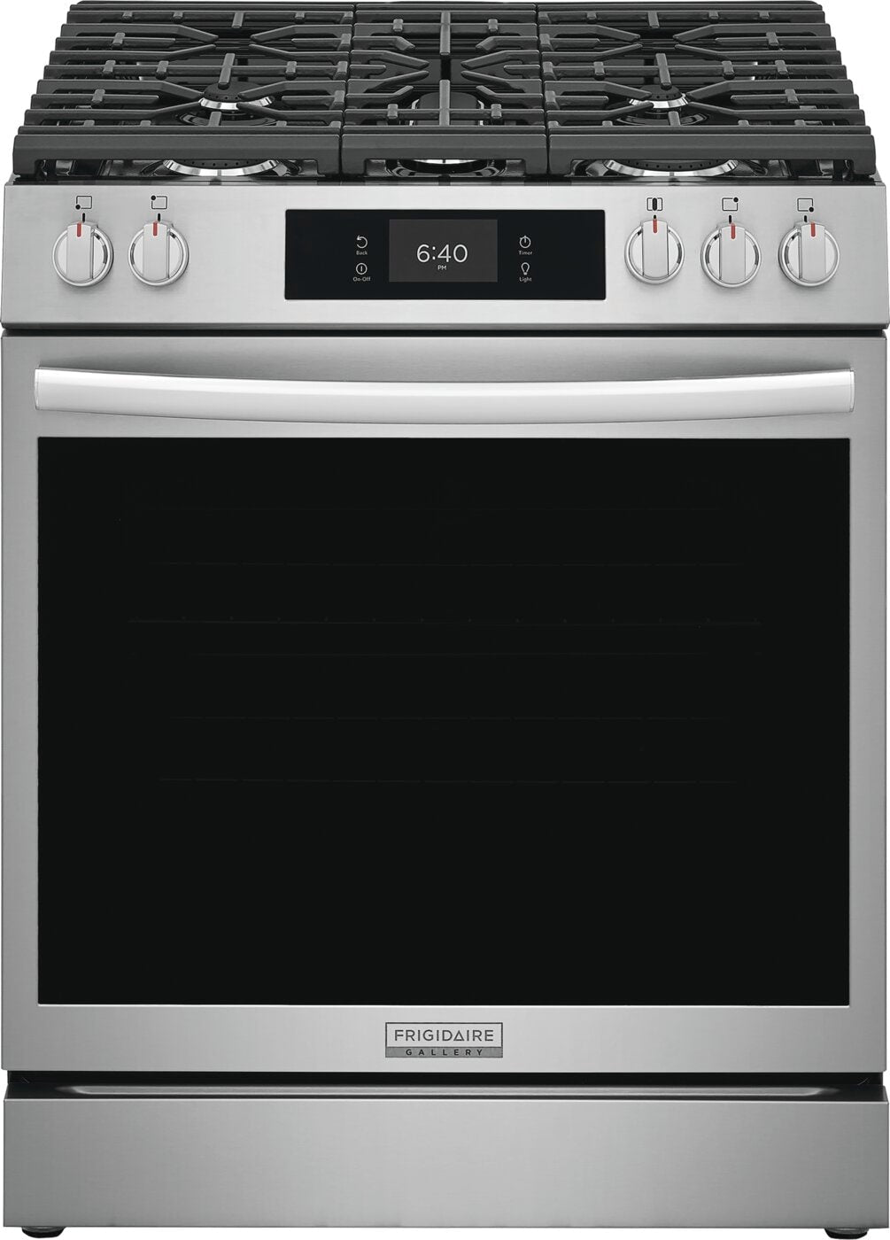 30-inch stainless steel gas range with front controls, digital display, and cast iron grates from Ranges & Cooktops collection