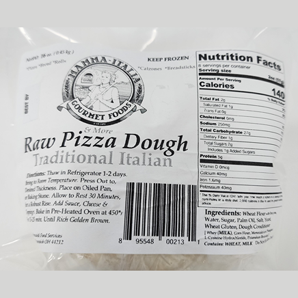 Package label for raw traditional Italian pizza dough with nutrition facts and baking instructions in food and beverage collections