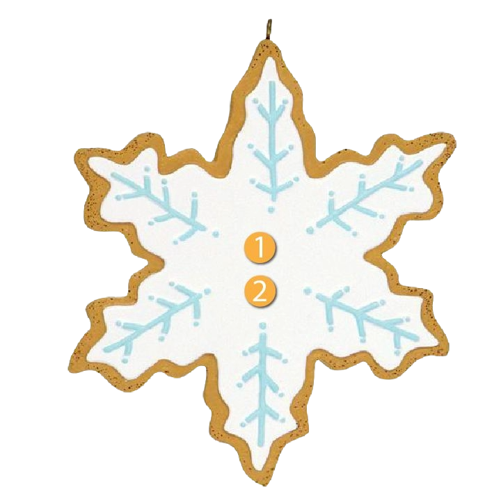 Snowflake-shaped cookie ornament with white icing and delicate blue decoration, festive Christmas tree décor under $50