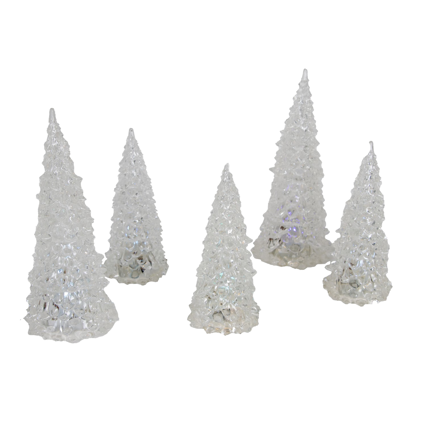 Set of five translucent light-up trees with textured surfaces for indoor Christmas decoration and festive displays.