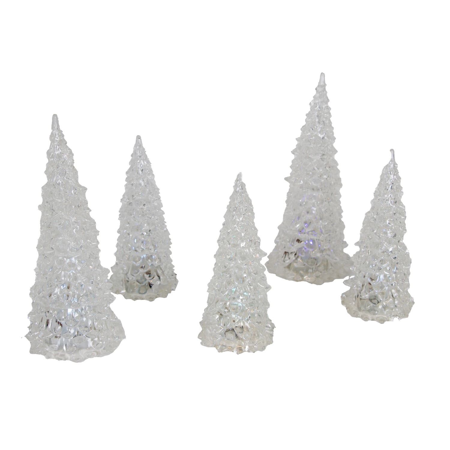 Set of five translucent light-up trees with textured surfaces for indoor Christmas decoration and festive displays.