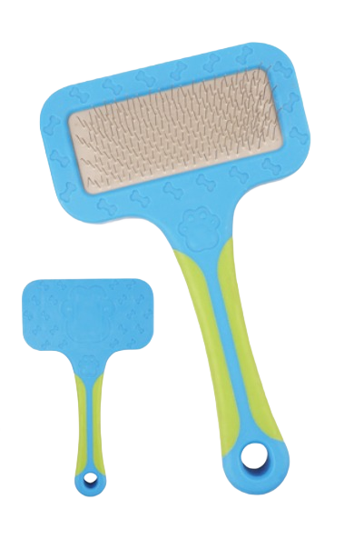 Blue and green pet grooming brush with fine metal bristles and bone pattern handle for tools and home improvement use
