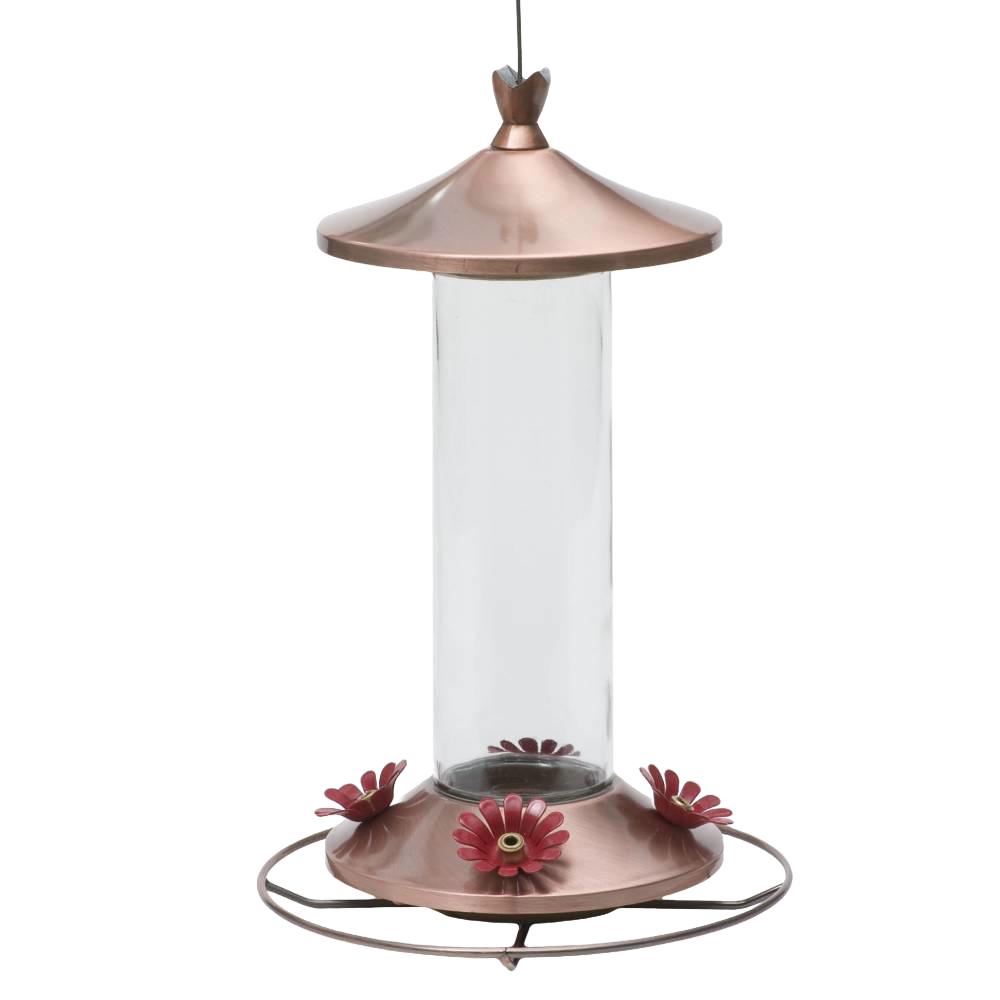 Glass hummingbird feeder with brushed copper top and base, featuring four flower-shaped feeding stations for outdoor living.