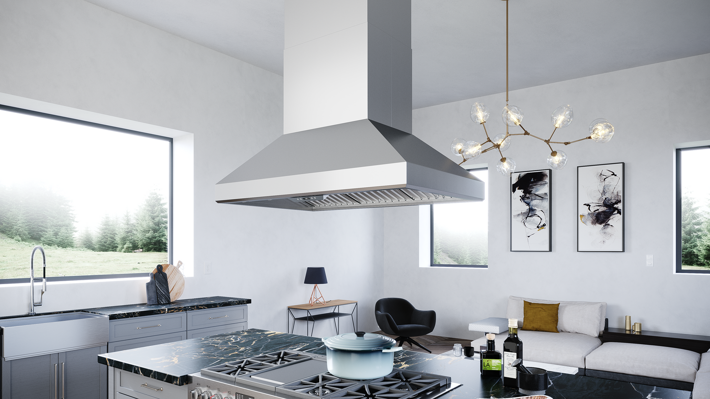 Modern kitchen featuring a stainless steel island range hood over marble countertop and stovetop in home improvement setting