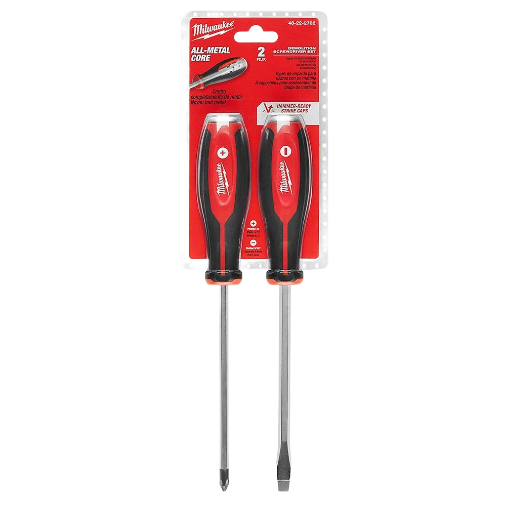Pair of Milwaukee demolition screwdrivers with red and black handles for heavy-duty tools and home improvement tasks