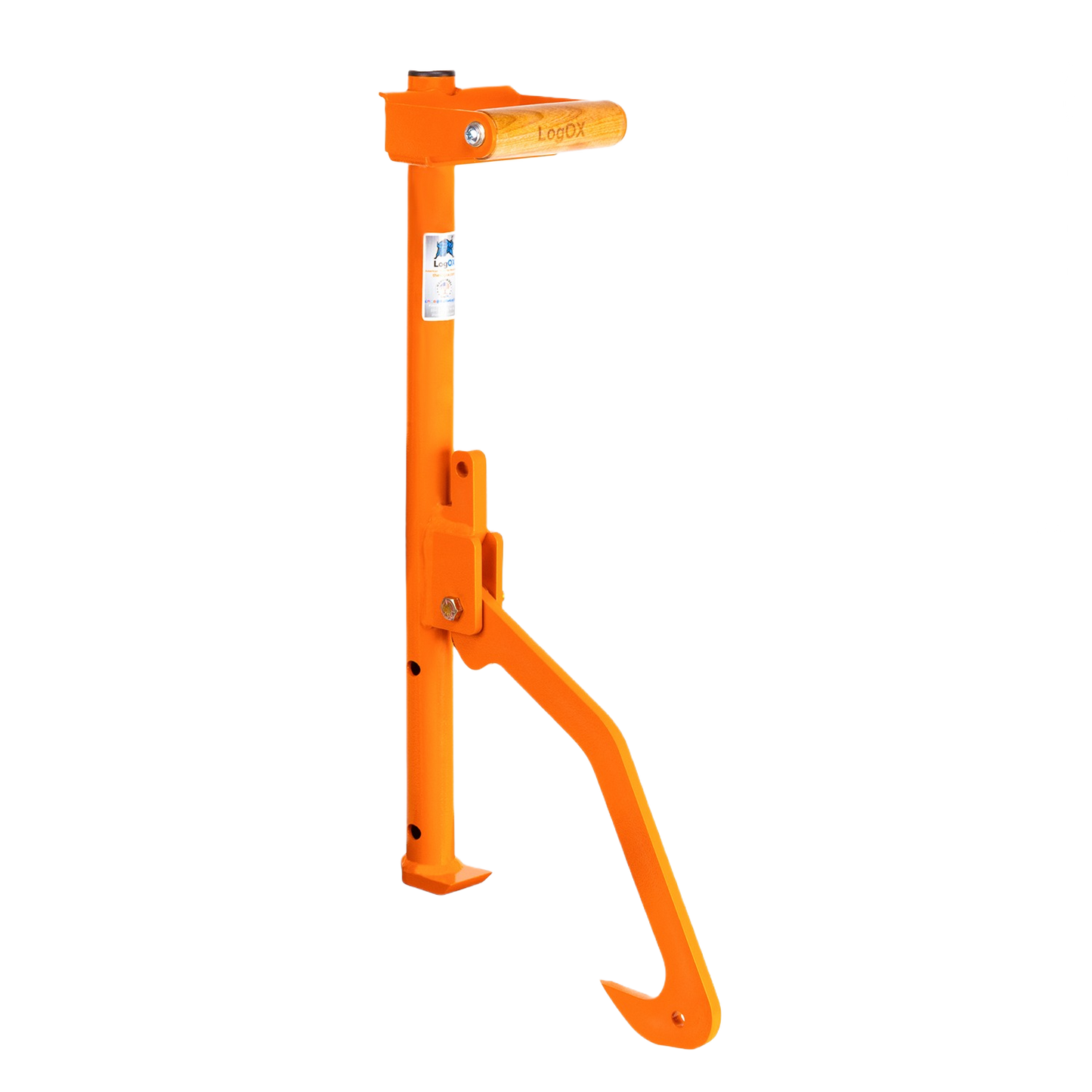 Orange heavy-duty metal log hauler with wooden handle designed for hauling and moving logs in home improvement tasks