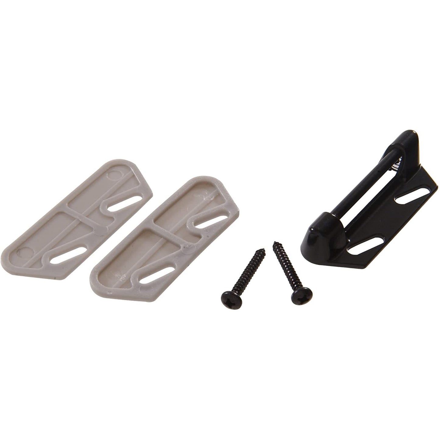 Black metal door strike plate with two gray plastic shims and two black mounting screws for hardware and home improvement collections