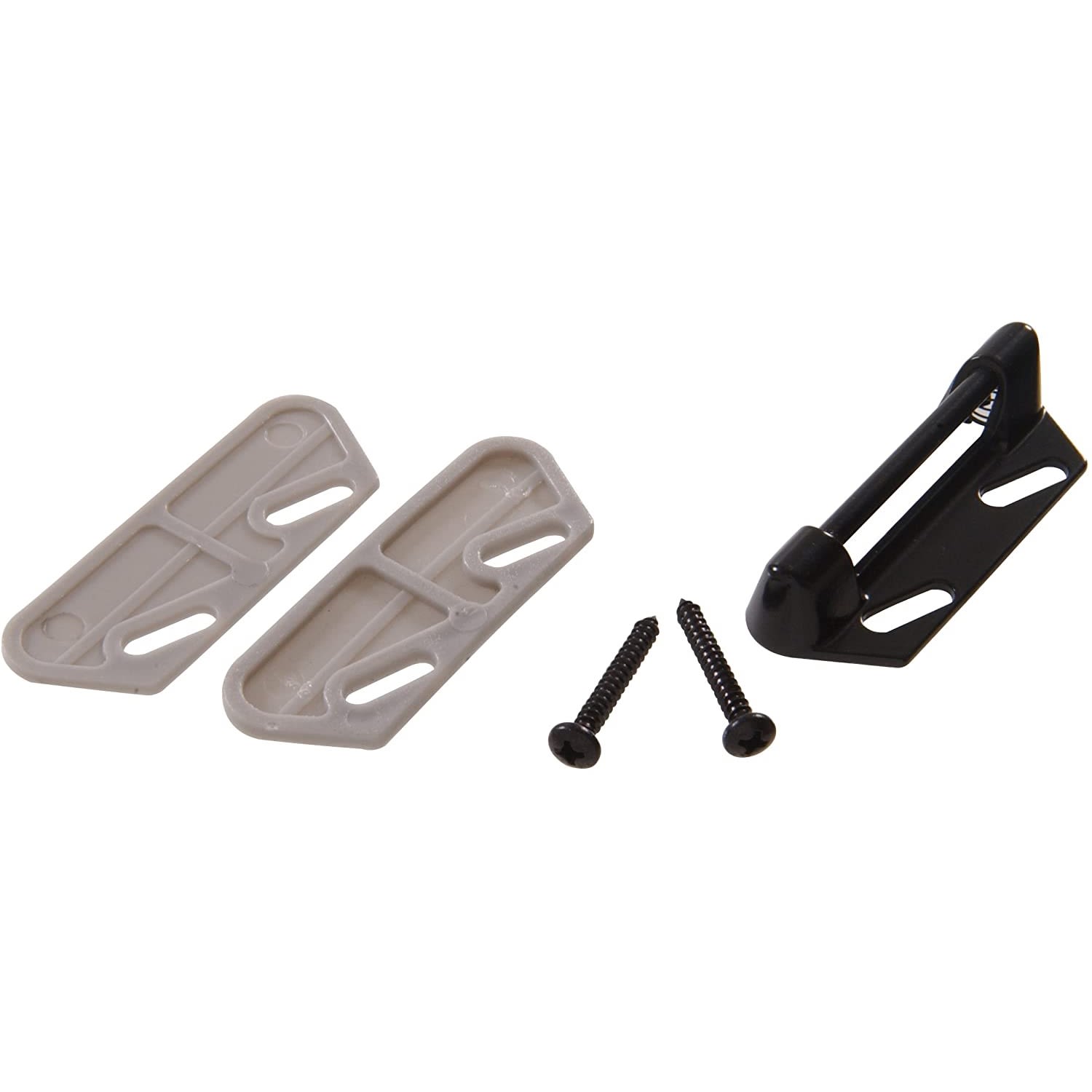 Black metal door strike plate with two gray plastic shims and two black mounting screws for hardware and home improvement collections