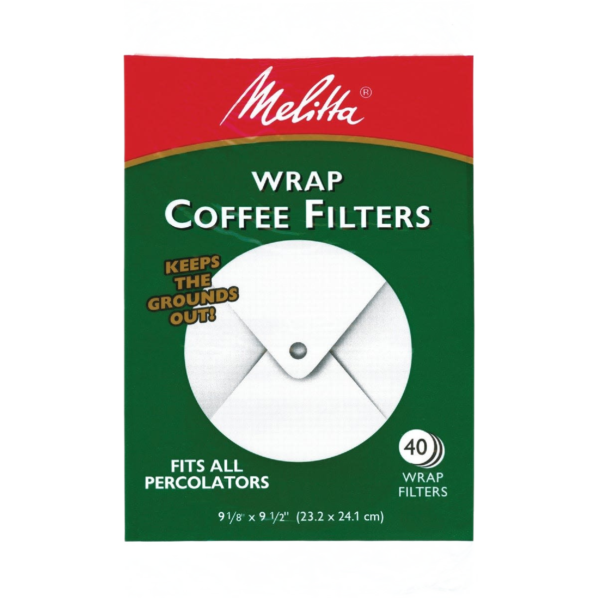Melitta wrap coffee filters in green and red packaging, designed for use with all percolator models in kitchenware collections