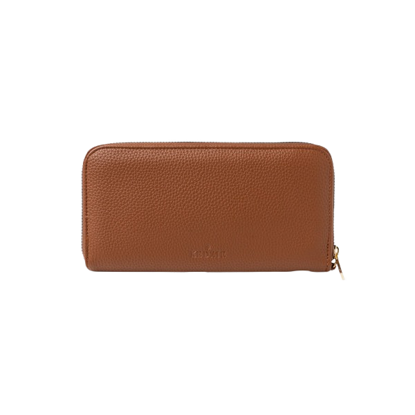 Compact brown vegan leather zip-around clutch with subtle embossed logo, designed for Accessories, Bags & Wallets, and Under $100 collections.