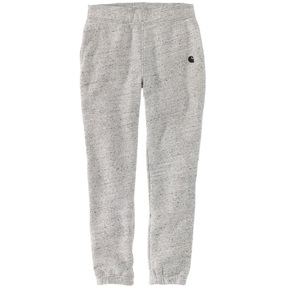 Light asphalt heather fleece joggers with elastic waistband and cuffs, featuring a small black logo patch for casual wear
