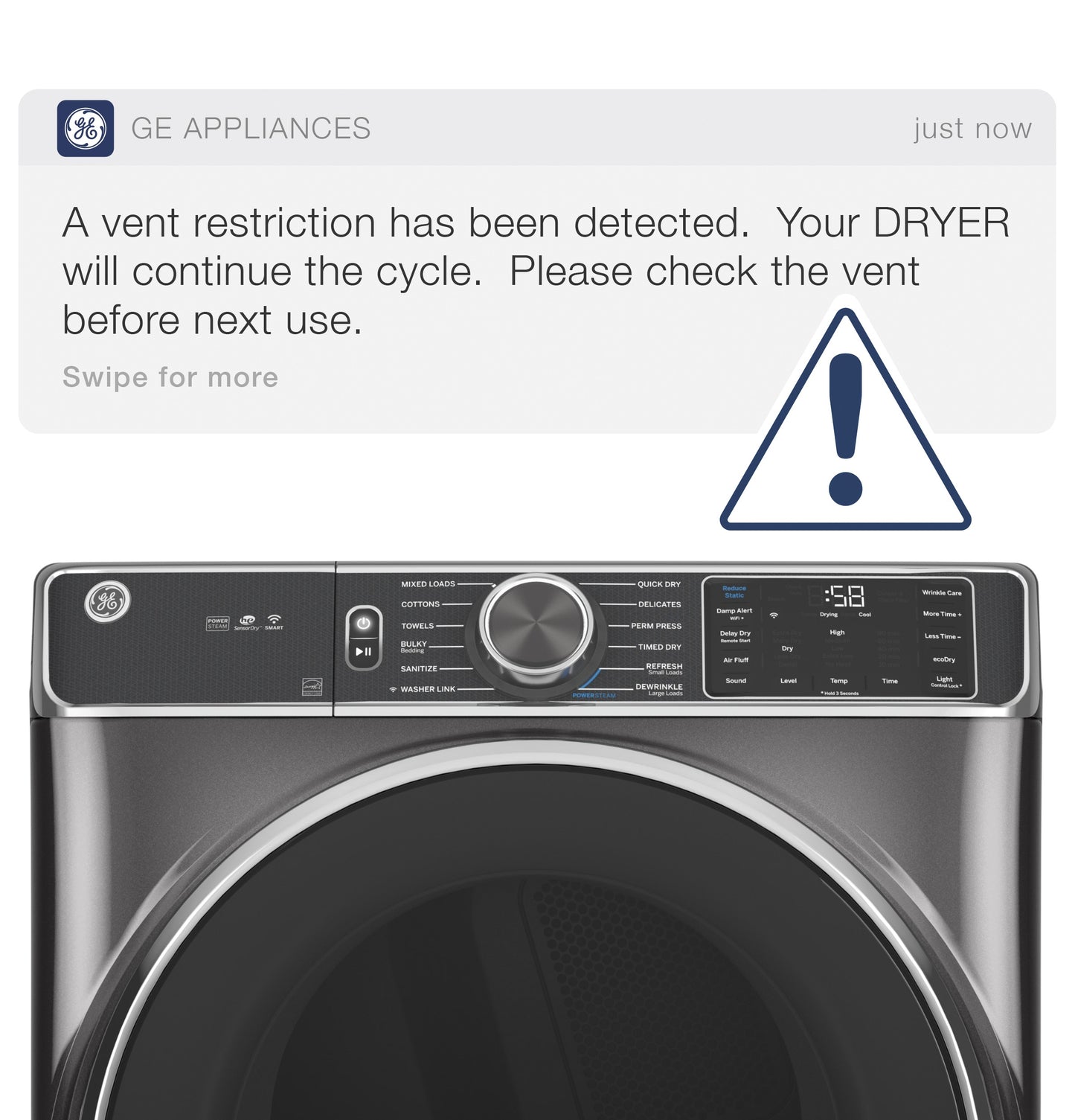 GE® ENERGY STAR® 7.8 cu. ft. Capacity Smart Front Load Gas Dryer with Steam and Sanitize Cycle