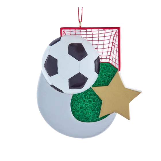 Decorative soccer ball and star ornament with red goal net and green field detail for personalized holiday decor
