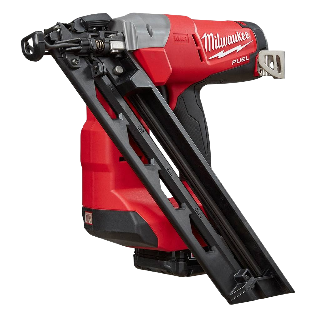 Red and black 15-gauge finish nailer with angled magazine designed for precise woodworking and home improvement tasks