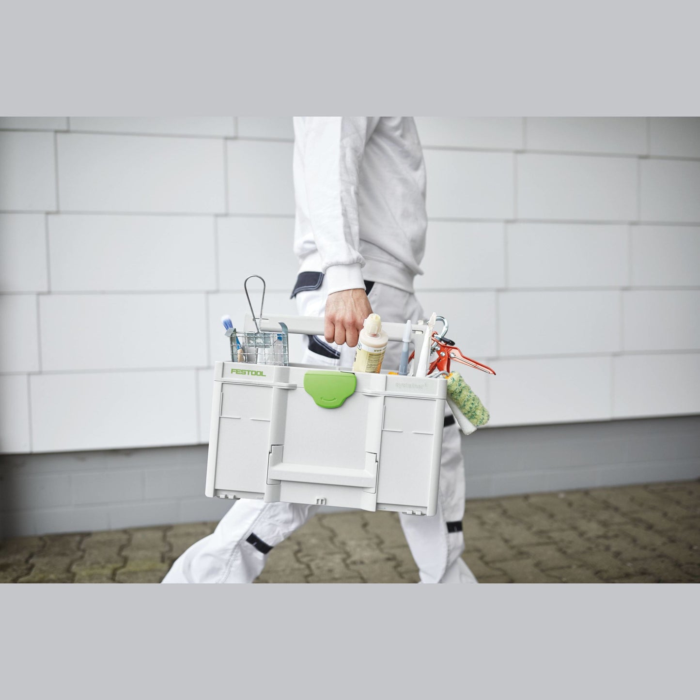White and green Festool toolbox with handle, packed with tools, ideal for workshop and jobsite organization and transport