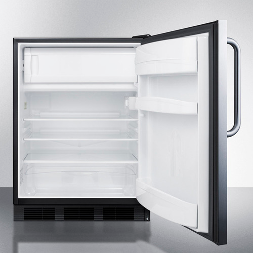 Compact 24-inch wide ADA built-in refrigerator-freezer with black cabinet and stainless steel door in kitchen appliances collection