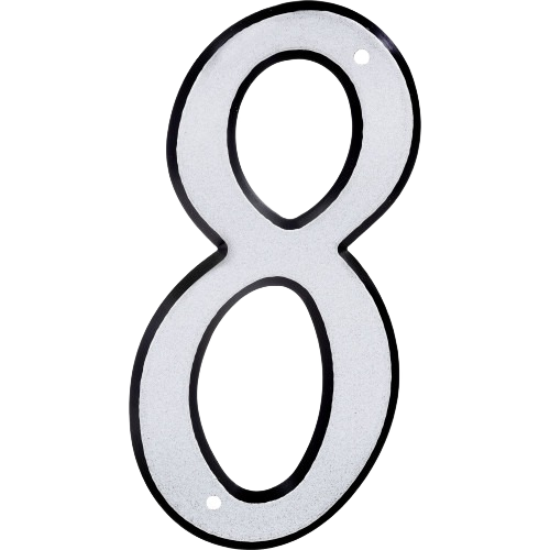 Reflective silver house number 8 with black border and nail holes for home improvement installation