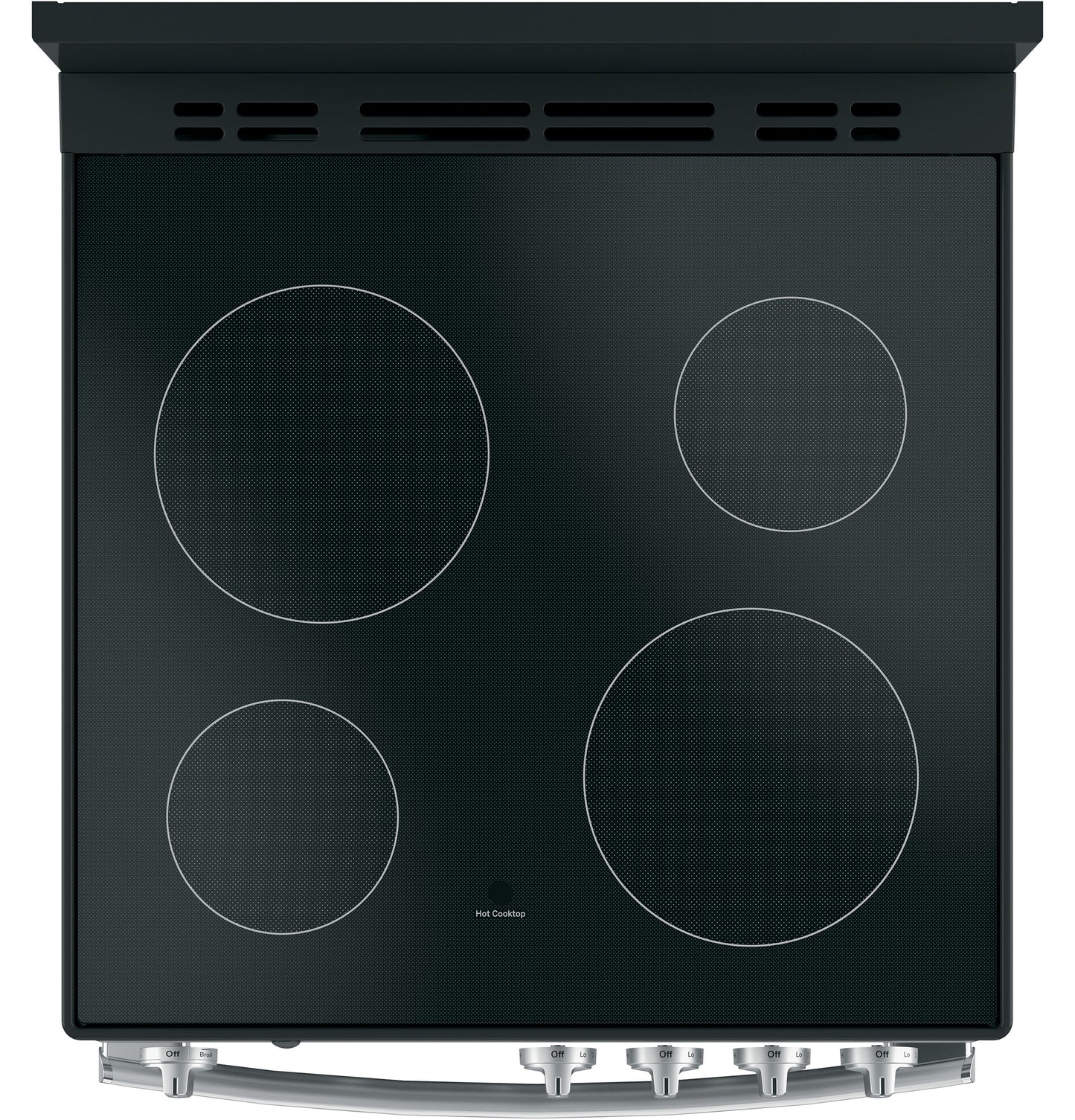 Black smooth surface electric cooktop with four circular burners and front stainless steel control knobs