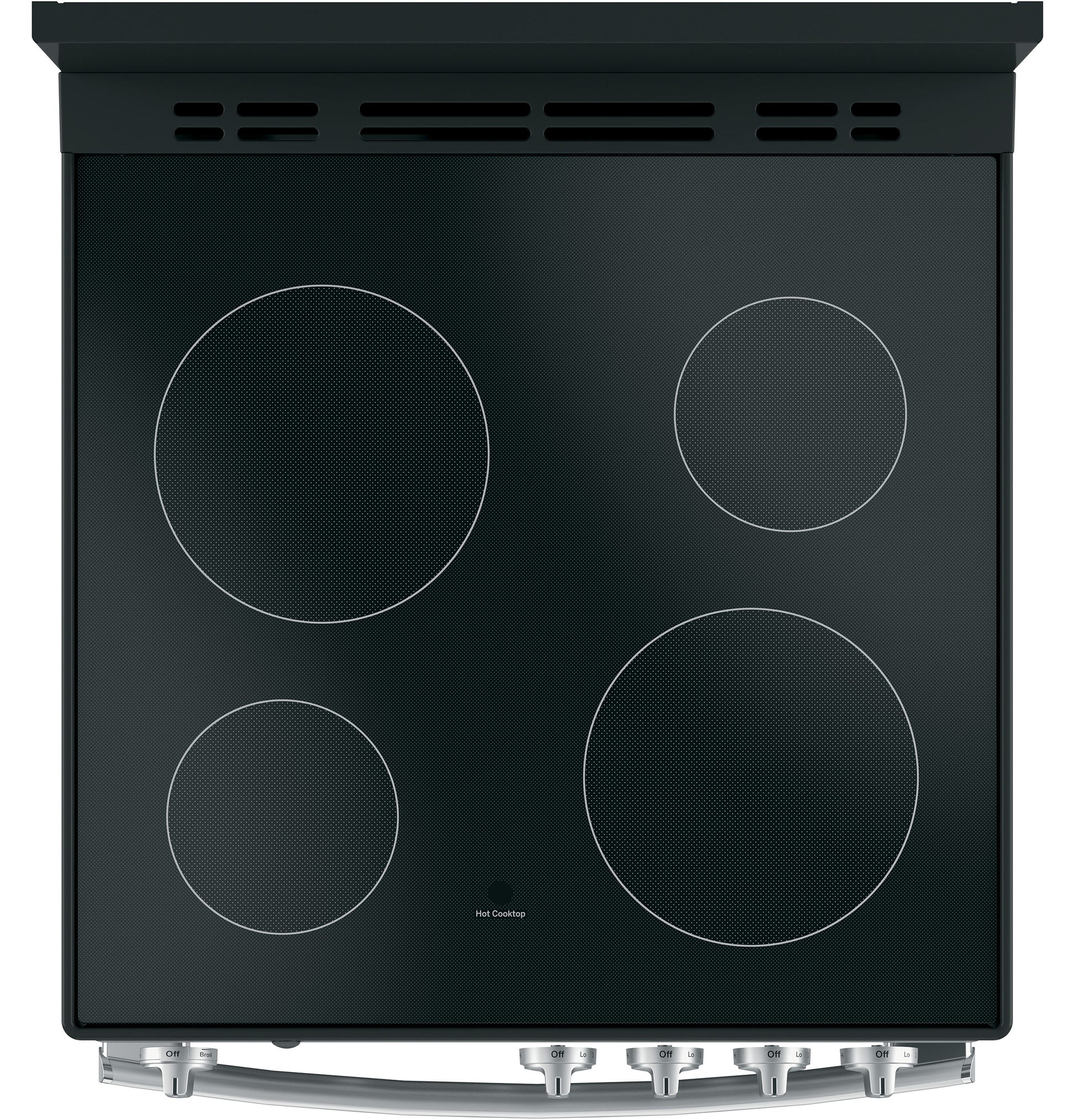 Black smooth surface electric cooktop with four circular burners and front stainless steel control knobs