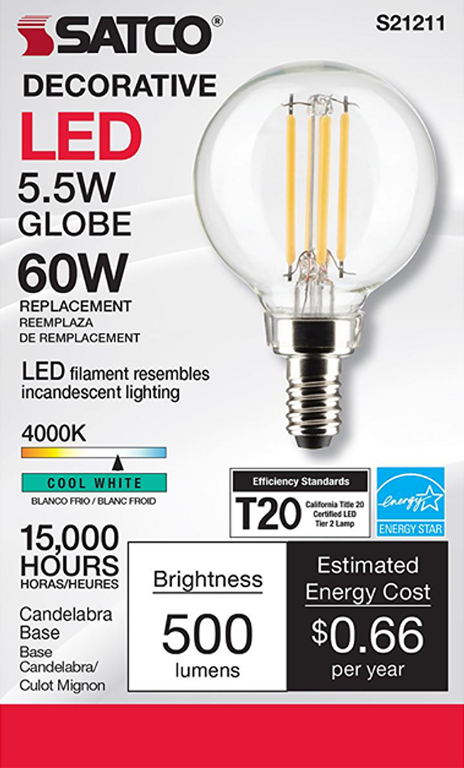 Clear LED filament bulb with candelabra base emitting cool white light for energy-efficient home lighting solutions