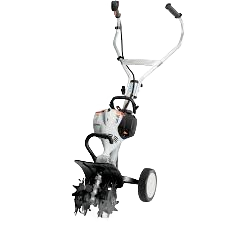 White and black STIHL cultivator with ergonomic handles and rotating tines, designed for yard work and part of Rental Equipment at Hartville Hardware.