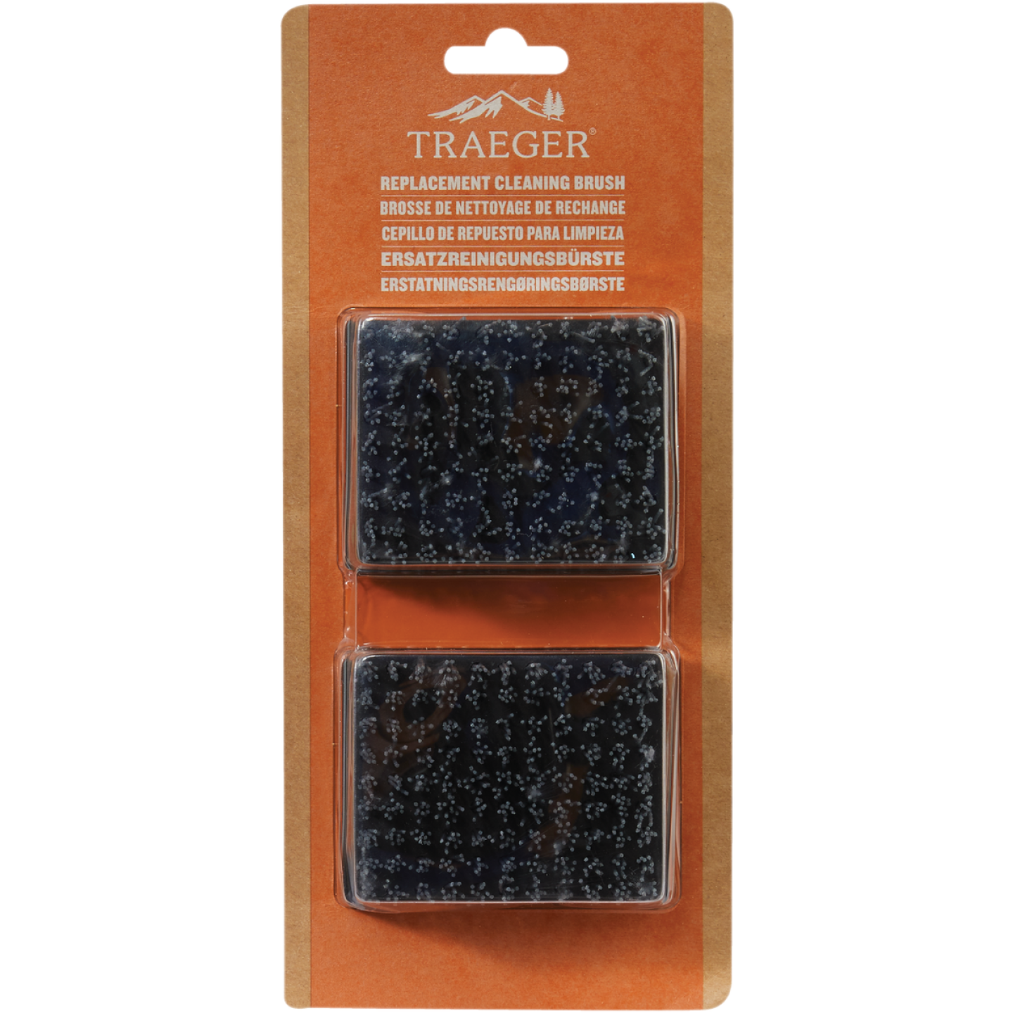 Two black replacement grill brush heads with durable nylon bristles for outdoor grill cleaning and maintenance tasks