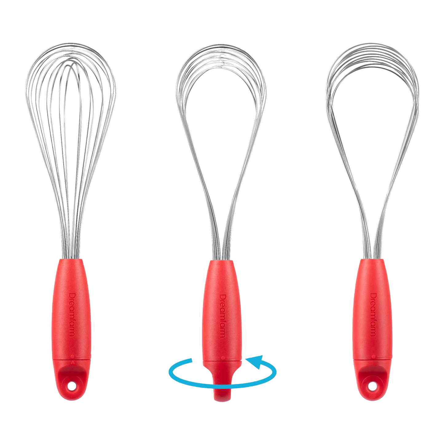 Red stainless steel whisk with ergonomic handle shown in multiple flexible configurations for kitchen gadgets collection