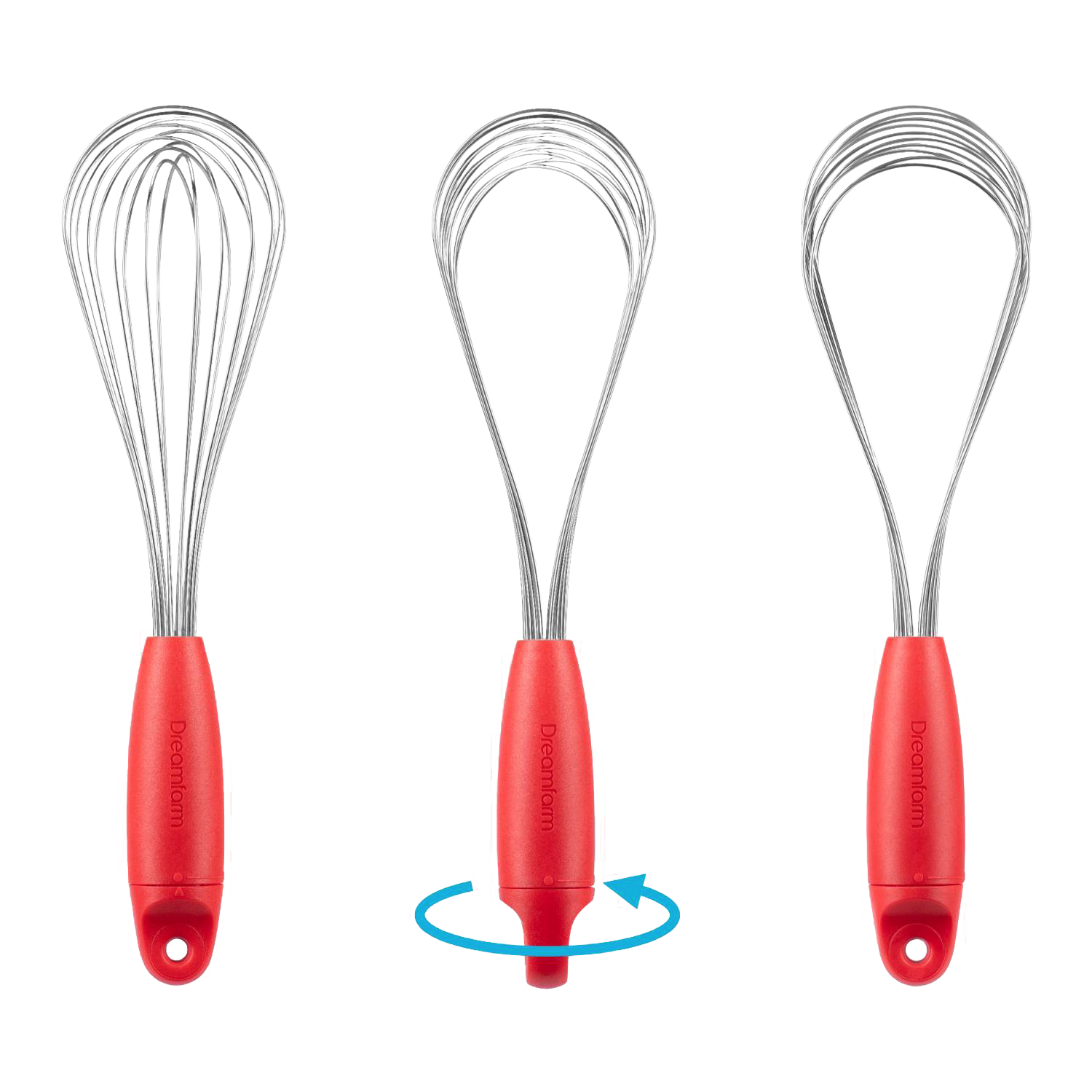 Red stainless steel whisk with ergonomic handle shown in multiple flexible configurations for kitchen gadgets collection