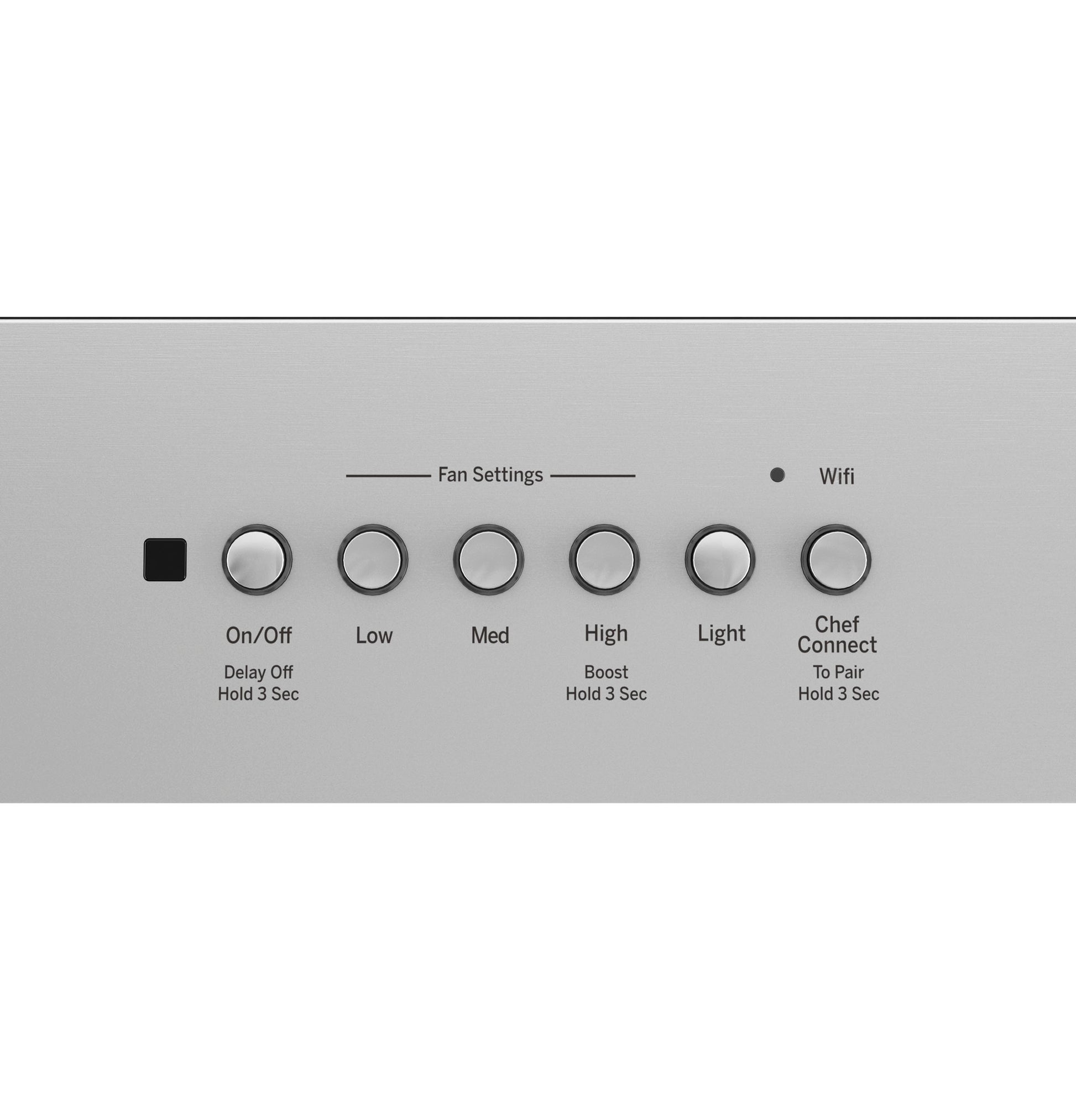 Close-up of stainless steel control panel with buttons for fan speed, light, and WiFi pairing on range hood insert
