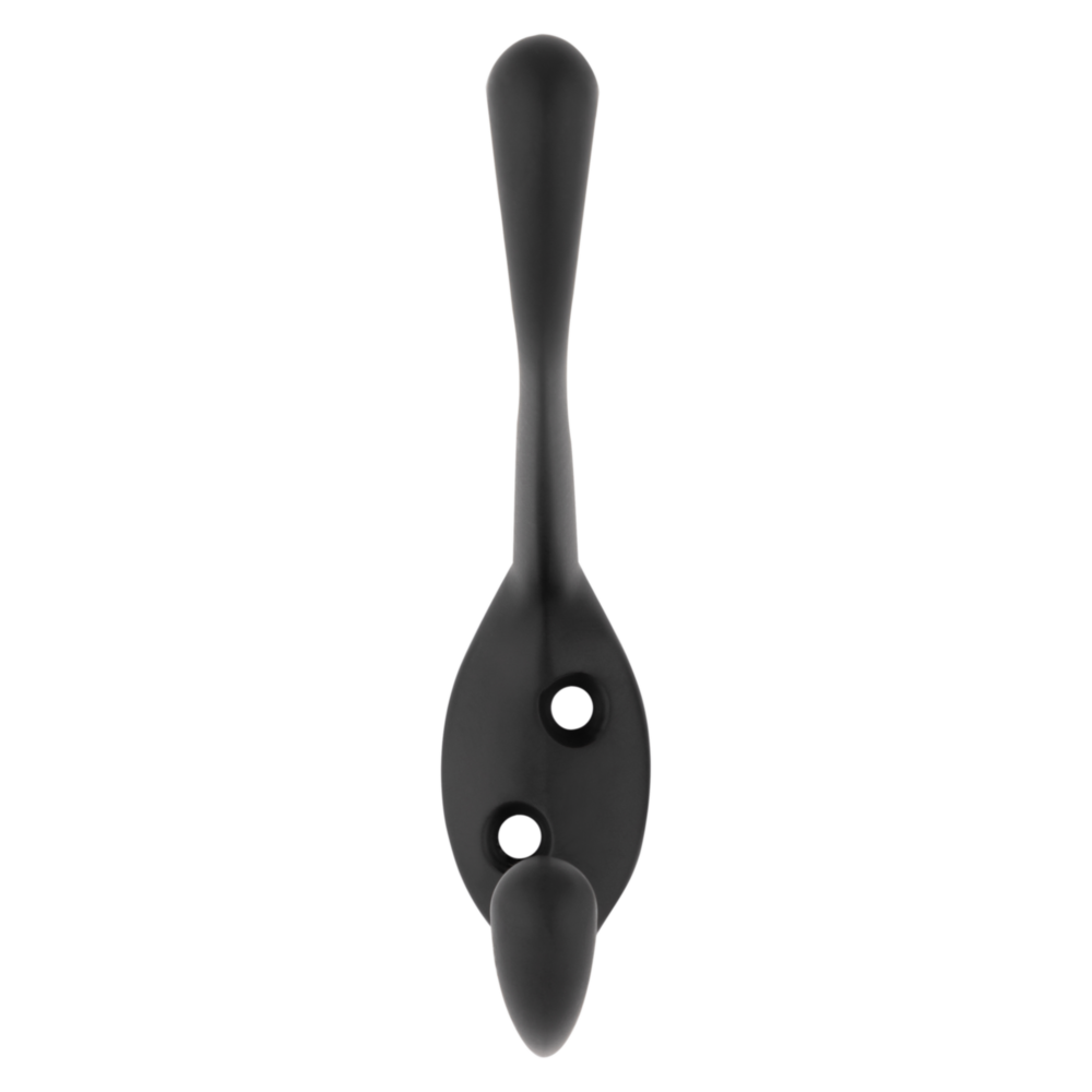 Matte black heavy-duty garment hook with two mounting holes for closet organization and home improvement under $50