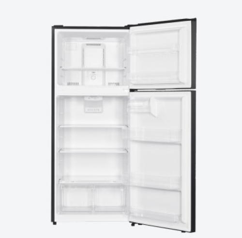 Open black top mount refrigerator with LED lights, adjustable shelves, and reversible door swing in kitchen appliances collection