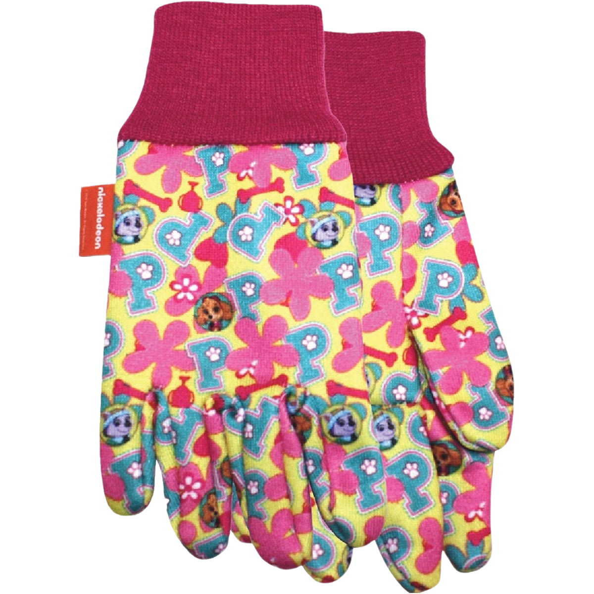 Colorful pink and yellow kids gloves with Paw Patrol characters and patterned letters, featuring ribbed dark pink cuffs