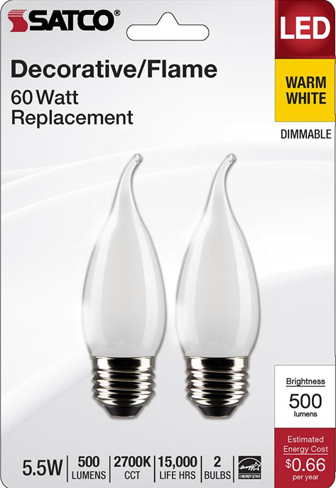 Two flame-shaped LED bulbs with medium bases in warm white, dimmable for lighting and home improvement collections