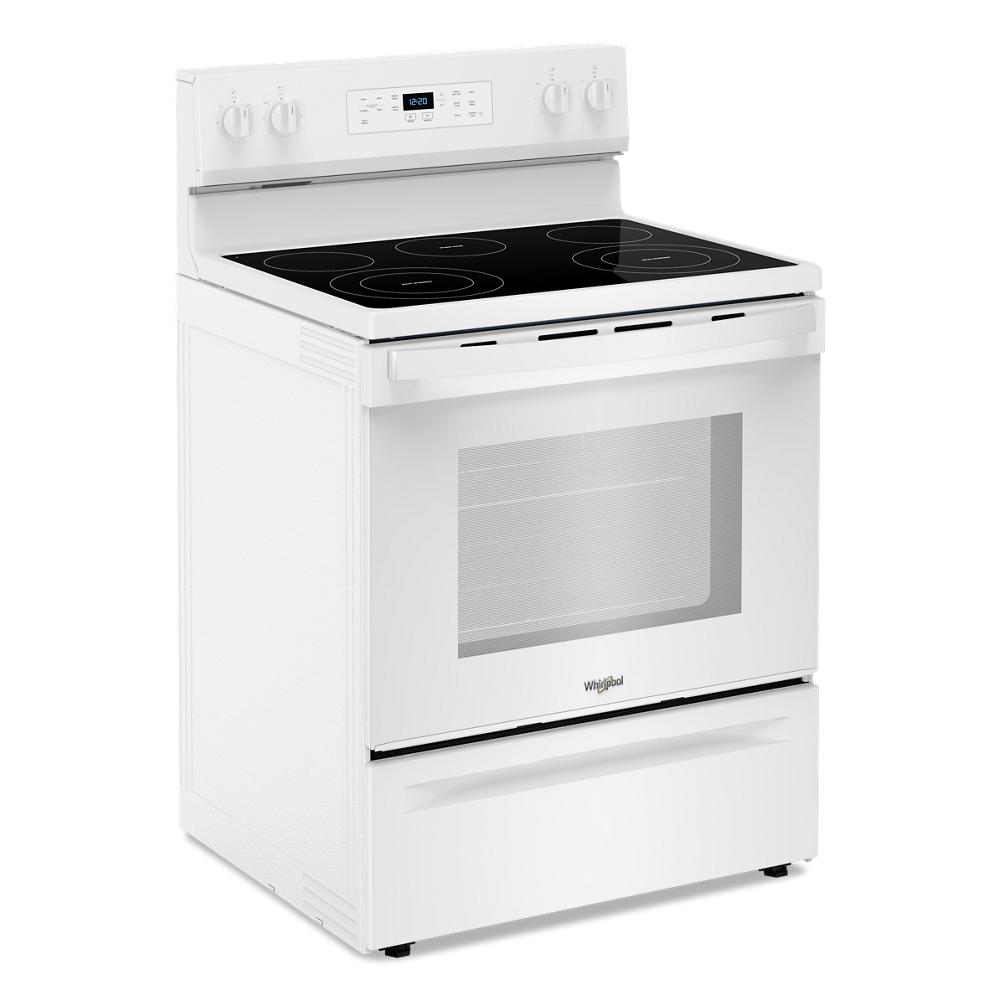 White electric range with smooth cooktop, digital display, and large oven window from Ranges and Kitchen & Kitchenware collections