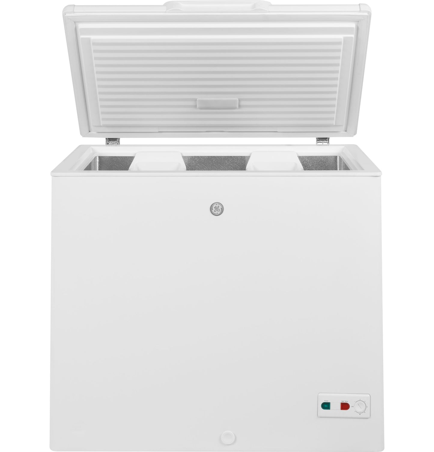 White chest freezer with open lid showing insulated interior and external temperature controls on front panel