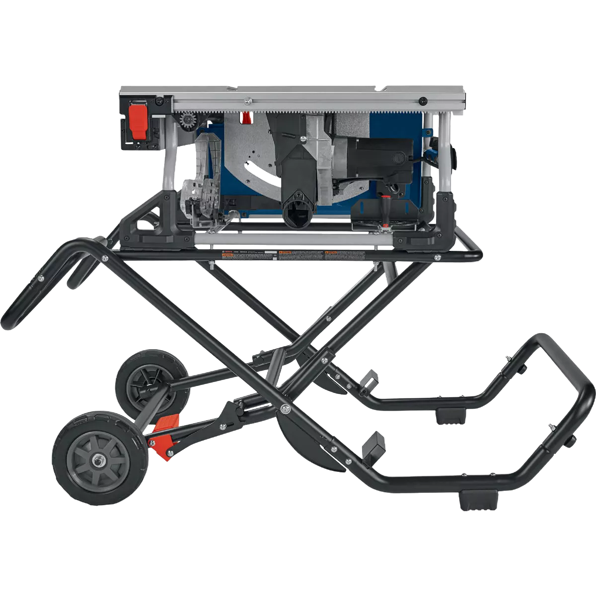 Side view of a portable 10-inch table saw with gravity-rise wheeled stand for woodworking and home improvement tasks