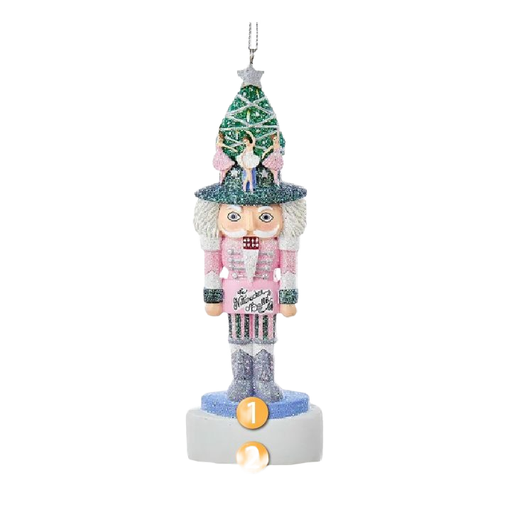 Personalized nutcracker ornament in pink and green with ballet figurines and Christmas tree for holiday decor