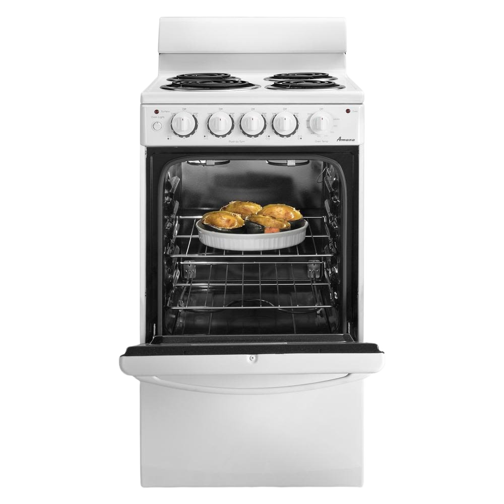 20-inch white electric range oven with open door showing baked chicken inside, featuring four coil burners and control knobs, part of Ranges, Electric Ranges, Kitchen & Kitchenware, Appliances, and Ranges & Cooktops collections.