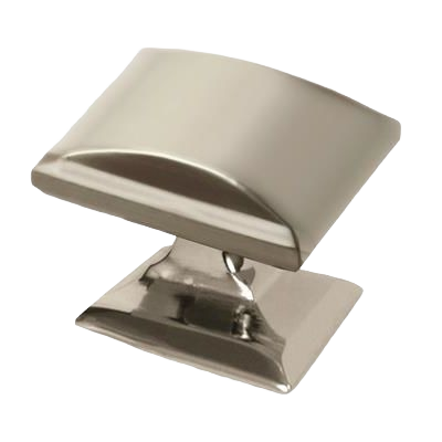 Polished nickel cabinet knob with a sleek, curved rectangular design for modern furniture hardware and home improvement