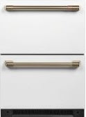 Brushed metal handles on white dual-drawer built-in refrigerator in kitchen appliances and home improvement collections