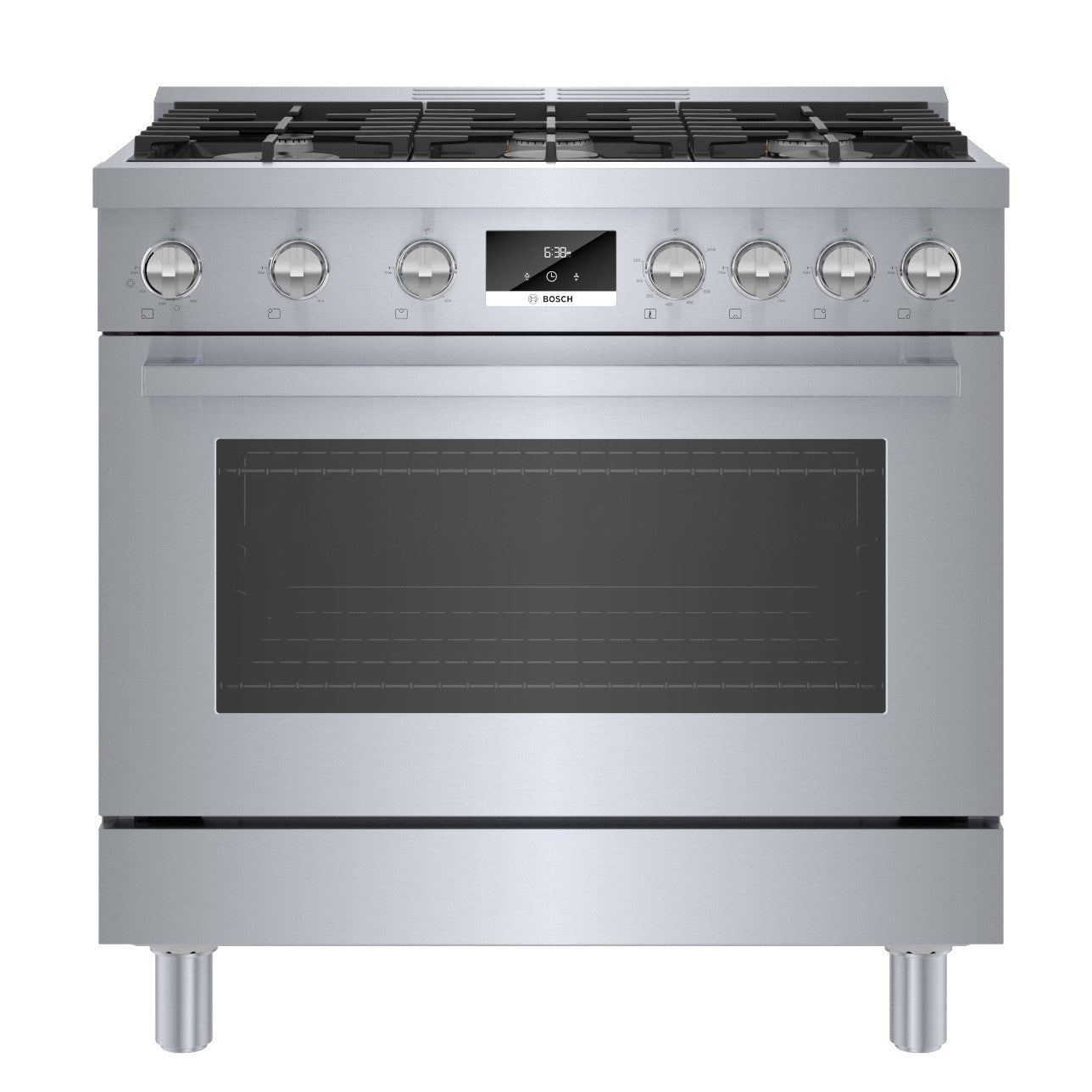 stainless steel gas freestanding range with six burners and digital display in modern kitchen appliances collection